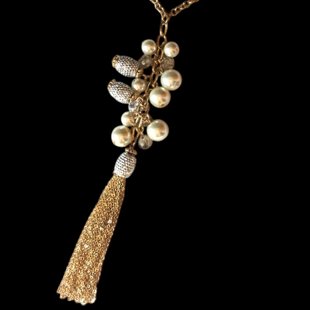 Gold tone faux pearl and rhinestone metallic tassel necklace